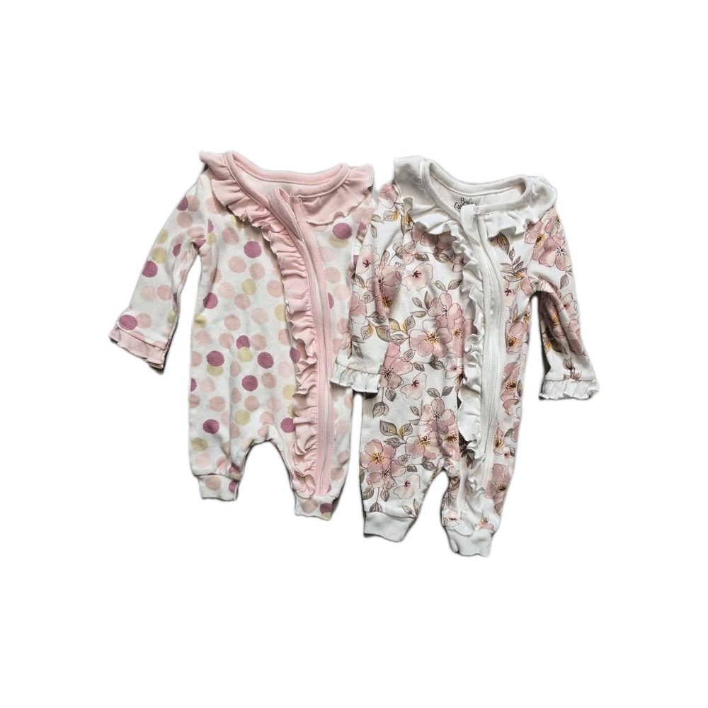 baby essentials One Piece Sleeper Newborn 0-3 M Lot Of 2 Floral Dots Ruffles